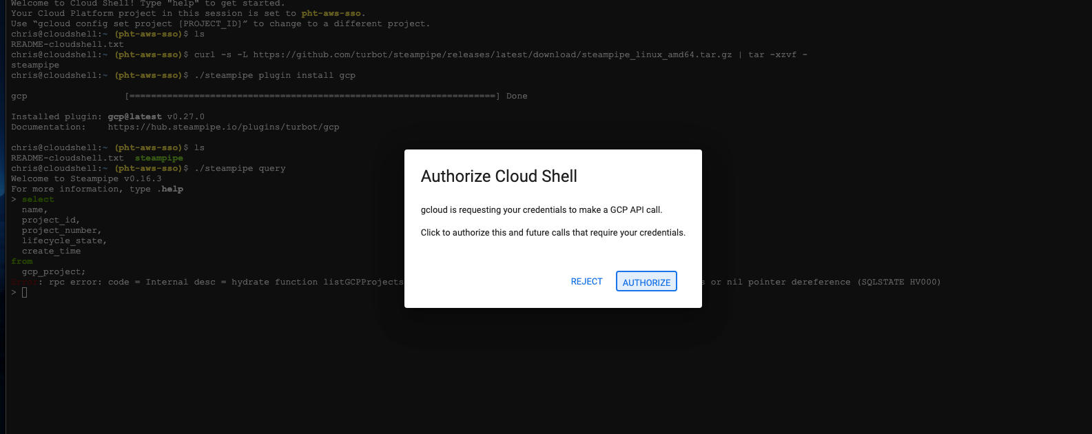 Screenshot of Google prompting a user to Authorize Cloud Shell