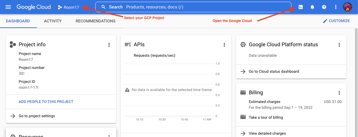 Google Cloud Screenshot showing project selection and location of the Google Cloud Shell icon