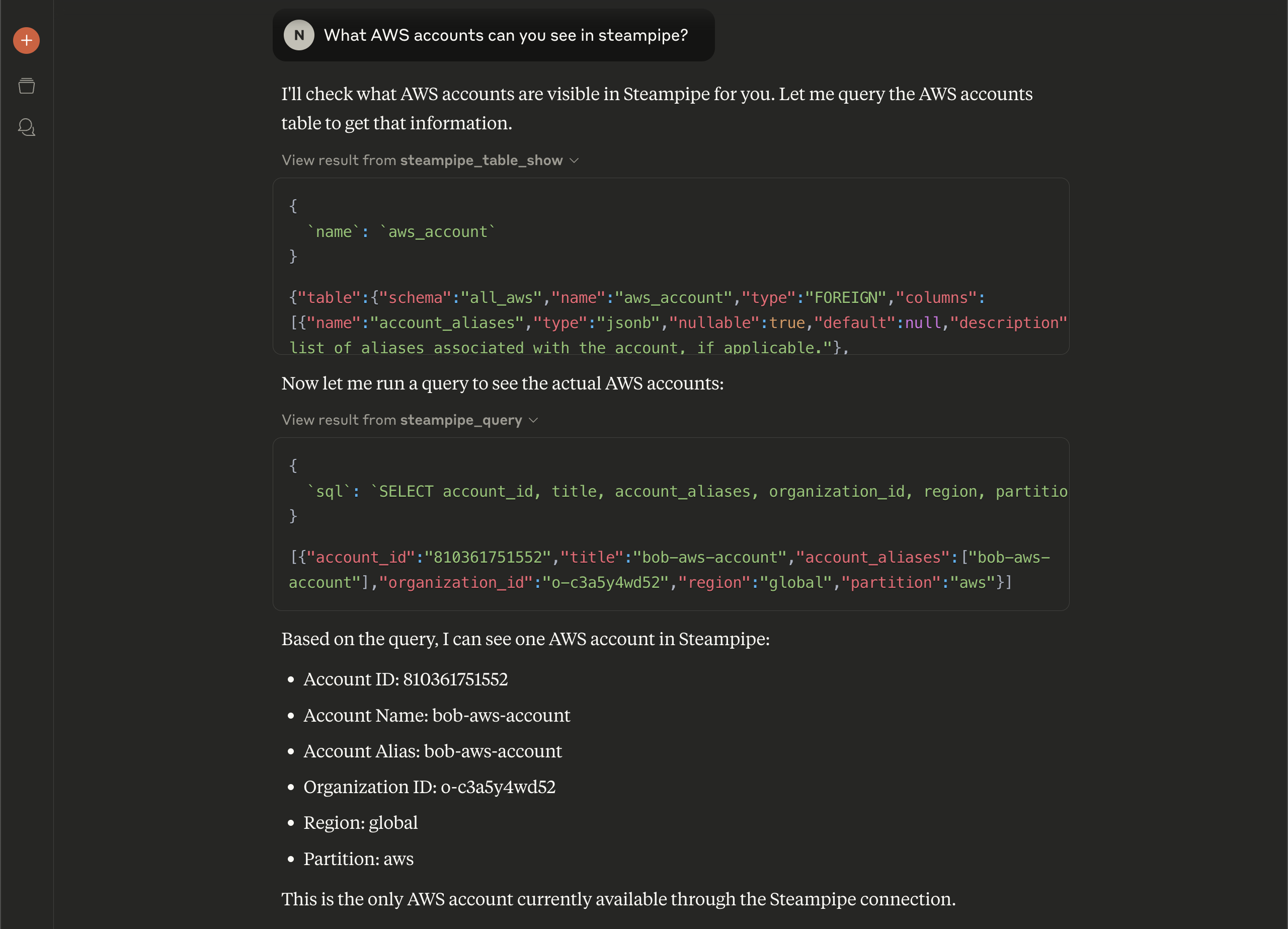 Steampipe chat with Claude